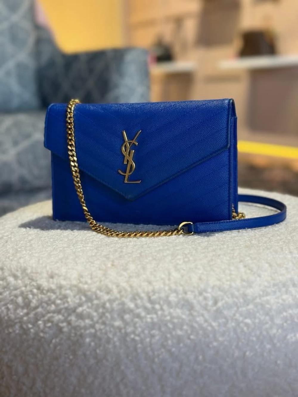 Saint Laurent Electric Blue Leather Envelope Crossbody with Gold Chain